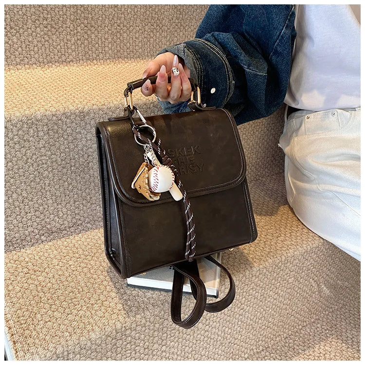 Casual Retro Large Capacity Women's Backpack Fashionable Versatile Stylish Satchel Crossbody Bag New Black City Simple Style PU