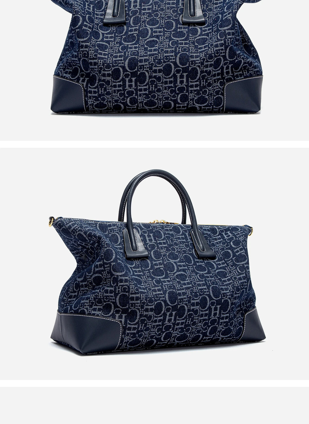 Geometric Letter Pattern Travel Totes – Sophisticated Blue Fabric  Leather Accents Metallic  for Urban Mobility Chic Versatility