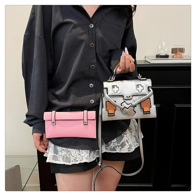 2025 Niche Kelly Bag Womens Mosaic Doll Robot Print Shoulder Crossbody Purse Unique Designer Handheld Tote Fashion Statement