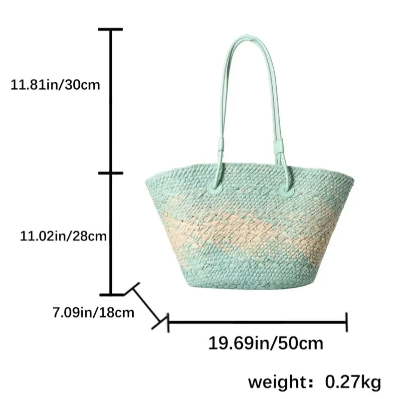 Summer Seaside Beach Bag Hand-woven Large Capacity Straw Tote Bag Gradient Color Design Women 's Travel  Vacation Shoulder Bag