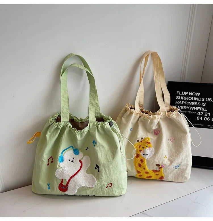 Leisure Large Capacity Single Shoulder Bag Trendy Embroidered Nylon Tote Bag School Style Sweet Handle Bag