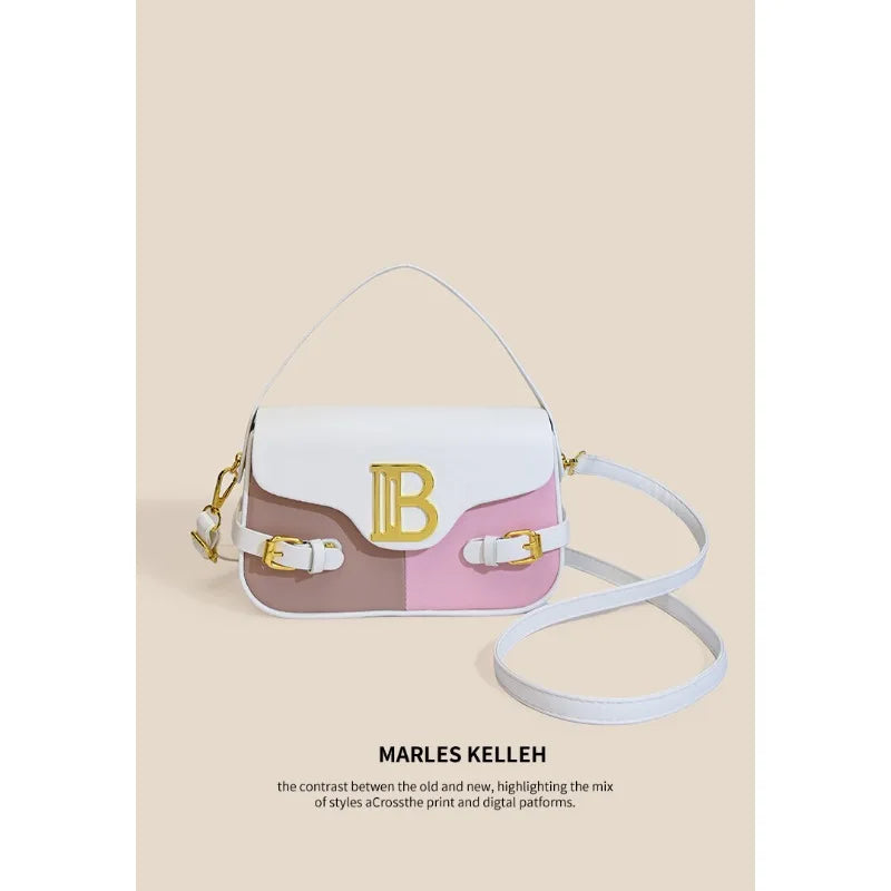 Luxury women's crossbody bag with color-blocking and stitching, box-style multi-color textured light luxury commuter bag.