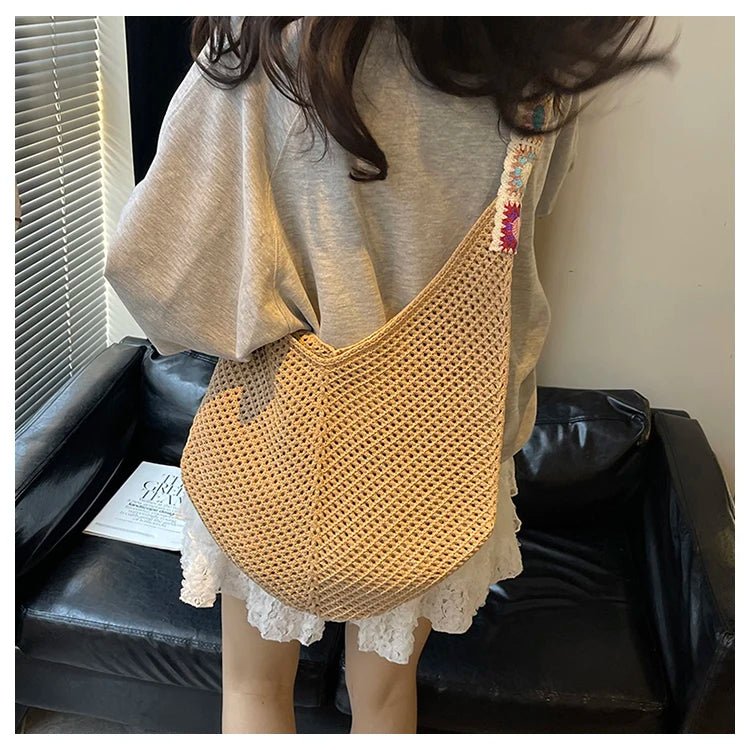 2025 Summer New – Bohemian Fresh Hollow Woven Tote Bag – Large Capacity Single-shoulder for Leisure & Vacation