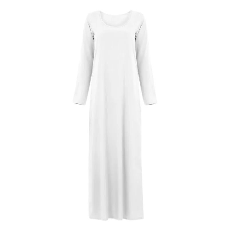 Women's Muslim Worshipwear Basic Long sleeved Laydown Round Neck Dress Middle Eastern Solid Color Robe