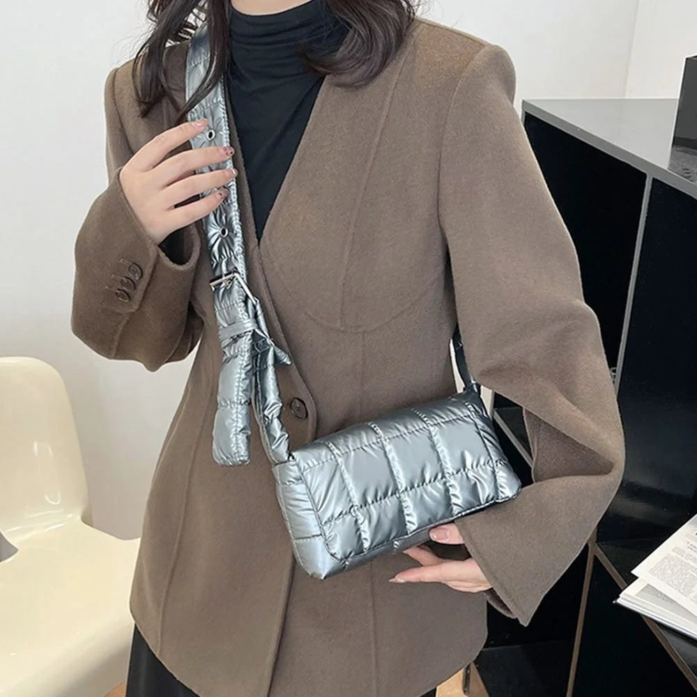Fashion Quilted Tote Bag Winter Lightweight Warm Down Cotton Padded Plaid Shoulder Bags Women Underarm Bags Puffy Handbags