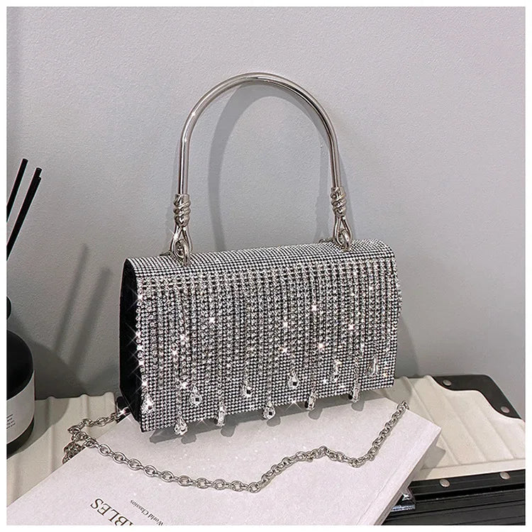 Luxury Golden Shoulder Bag 2025 New for Women, Elegant Rhinestone Clutch Purse, Versatile Crossbody Bag with Adjustable Chain