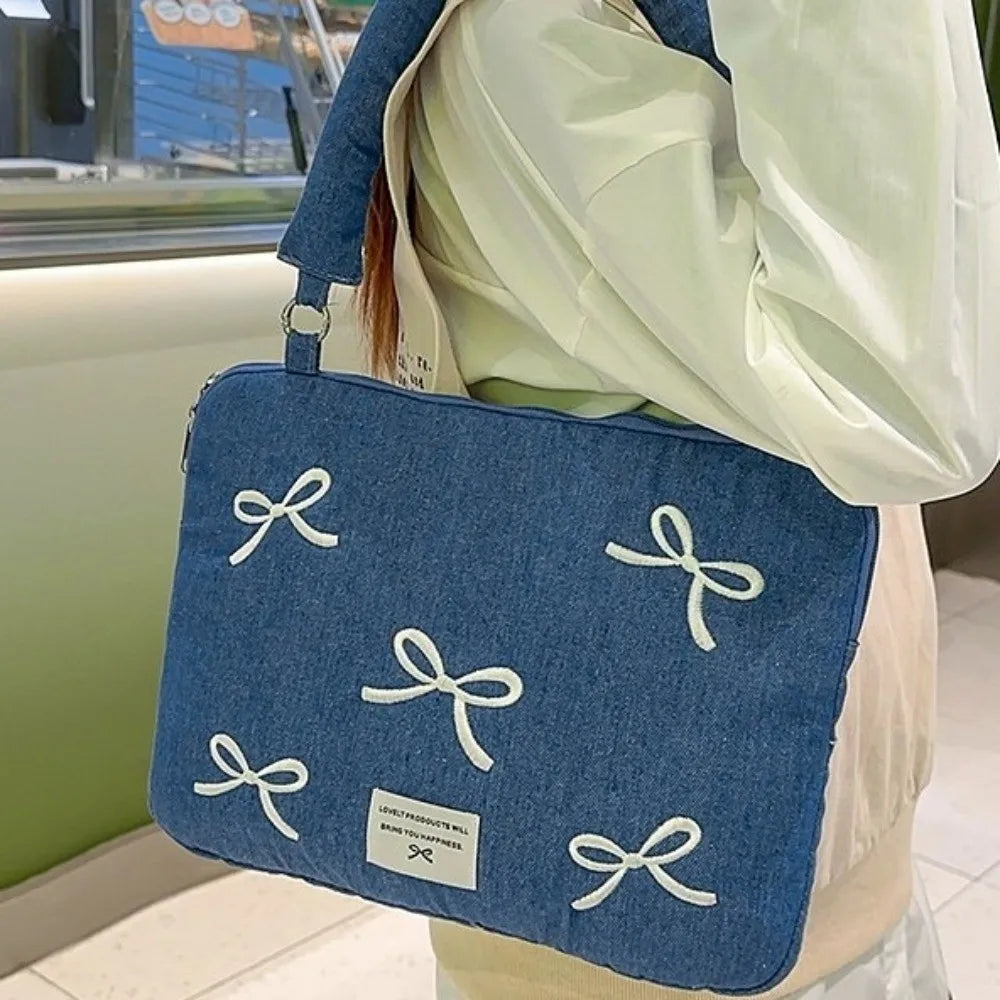 Portable Fashion Computer Bag 14 Inches Shockproof Laptop Bag Soft Bowknot Embroidered Tablet Carring Case Daily Commute