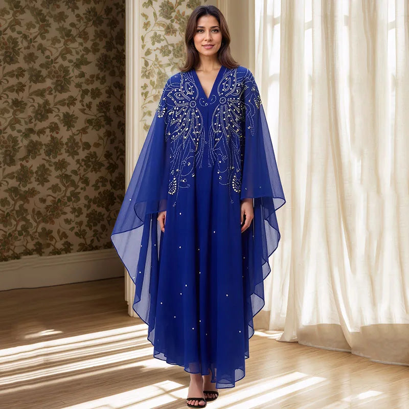 Eid Muslim Dress for Women Bat Sleeve Abaya Luxury Diamond Flower Party Dresses 2025 New Kaftan Cardigan Chiffon Long Robe Lady