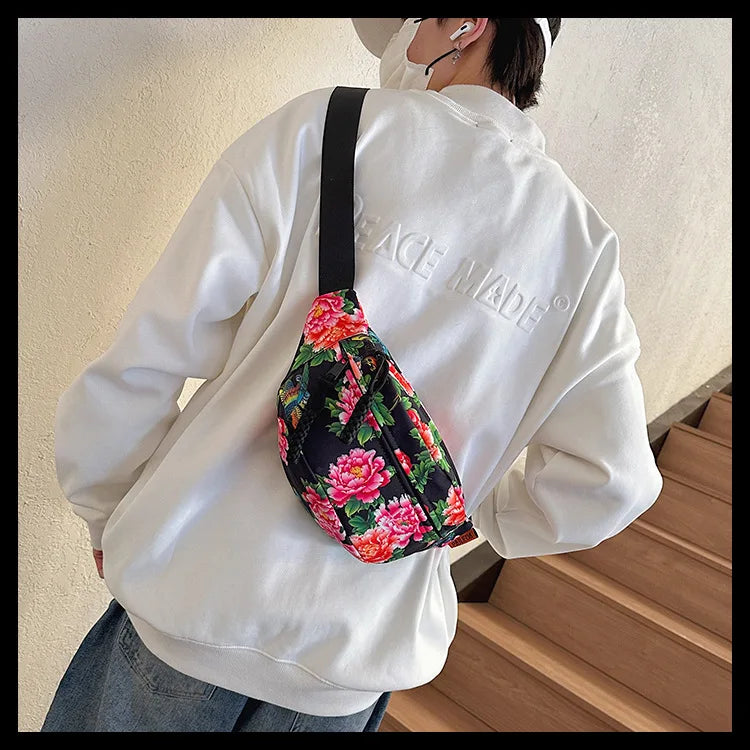 Women Fanny Bag Pack Large Flower Nylon Belt Bags Fashion Waist Pack Zipper Bag Adjustable Lightweight Multifunction Waterproof