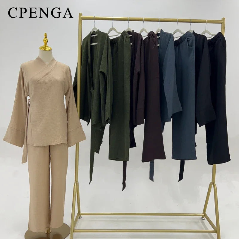 2 Piece Dubai Muslim Women Clothing Elegant Middle East Modest Top and Pants Sets 2024 Islamic Turkish Clothes Solid Outfits