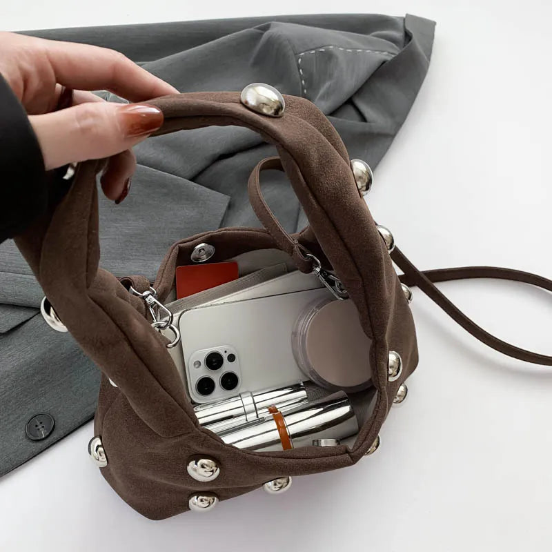 Luxury Purple Handbag For Women Luxury Studded Beading Handbags Wine Red Purse Solid Color Suede Leather Shoulder Crossbody Bags