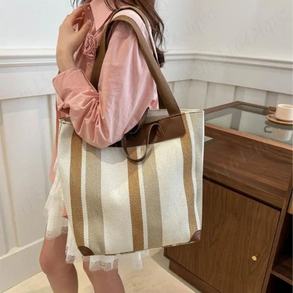 Striped Hobo Shoulder Bags Women Zipper Bucket Bags Canvas Tote Bag Simple Handbag Daily Commuting Bag Travel Top-Handle Bags