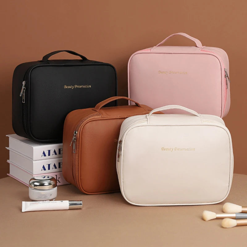 Luxury PU Large Capacity Women Tote Makeup Bag Portable Travel Organizer Tolietry Cosmetic Storage Bag Ladies Double Layer Pouch