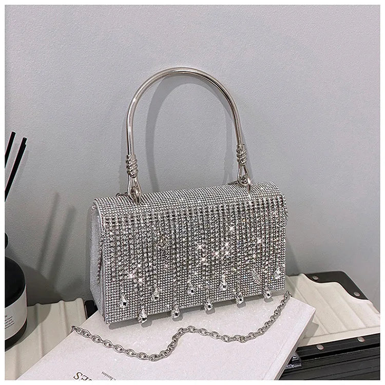 Luxury Golden Shoulder Bag 2025 New for Women, Elegant Rhinestone Clutch Purse, Versatile Crossbody Bag with Adjustable Chain