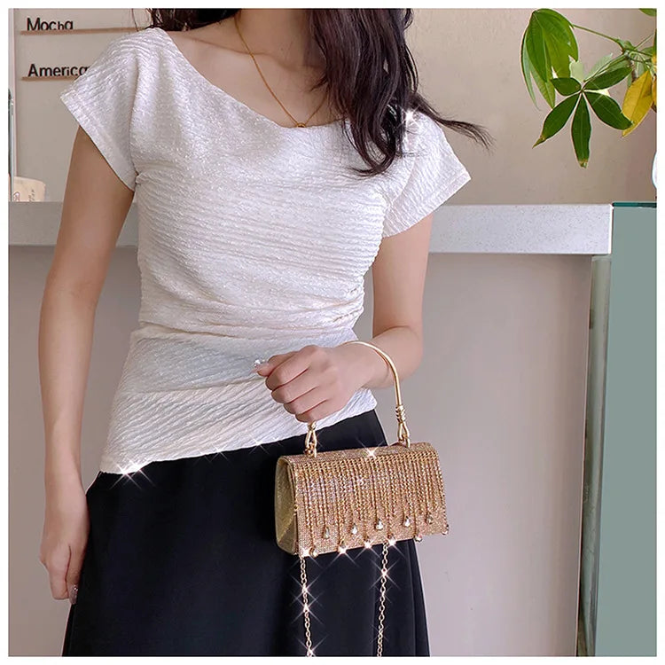 Luxury Golden Shoulder Bag 2025 New for Women, Elegant Rhinestone Clutch Purse, Versatile Crossbody Bag with Adjustable Chain