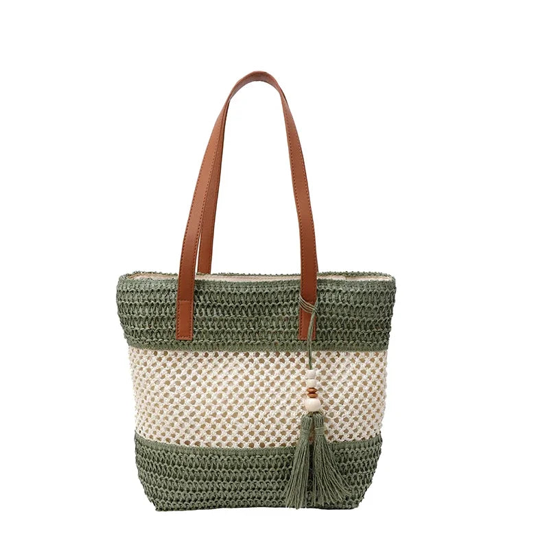 Color-blocked Linen Knitting Fashion Shoulder Bag Hollow Large Capacity Zipper Casual Tote Hot Sale Bags for Women Bolsa Mujer