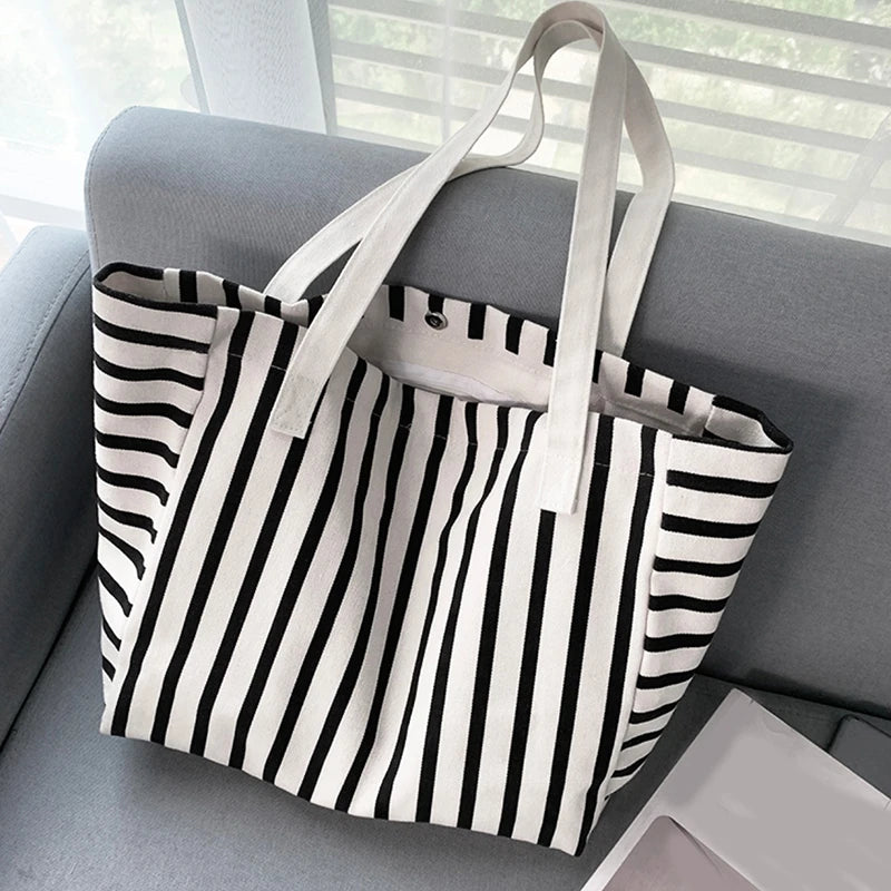 New Beach Tote Bag Fashion Women Canvas Summer Large Capacity Striped Shoulder Bag Tote Handbag Shopping Shoulder Bags ﻿
