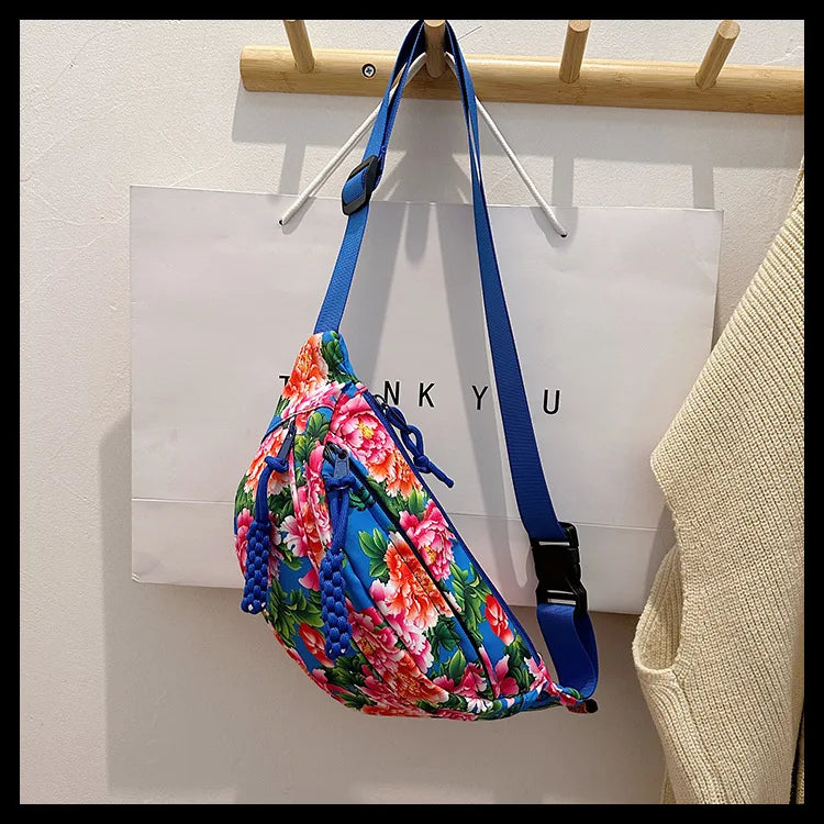 Women Fanny Bag Pack Large Flower Nylon Belt Bags Fashion Waist Pack Zipper Bag Adjustable Lightweight Multifunction Waterproof