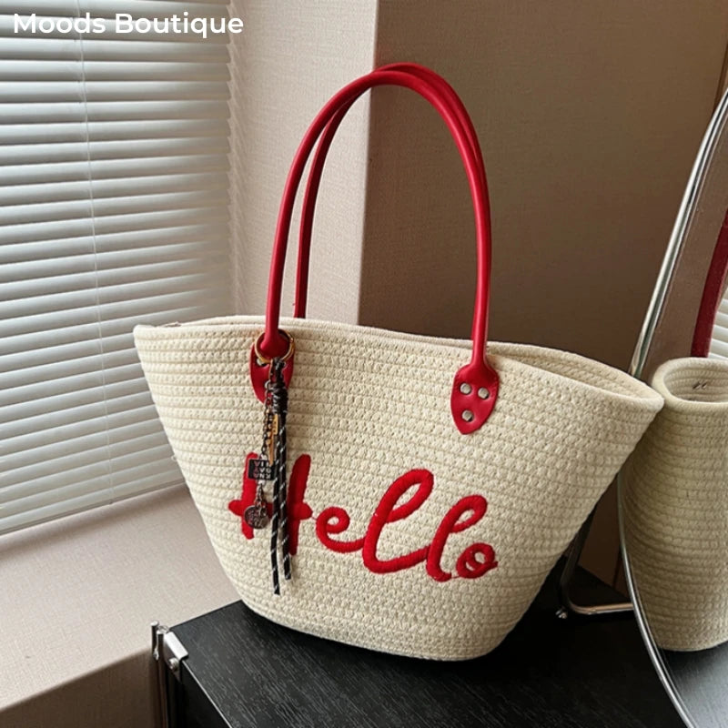 Simple Fashion Big Tote Bags For Women Cotton Fabric Woven Design Letter Embroidered  Luxury Large Capacity Shopper Shoulder Bag