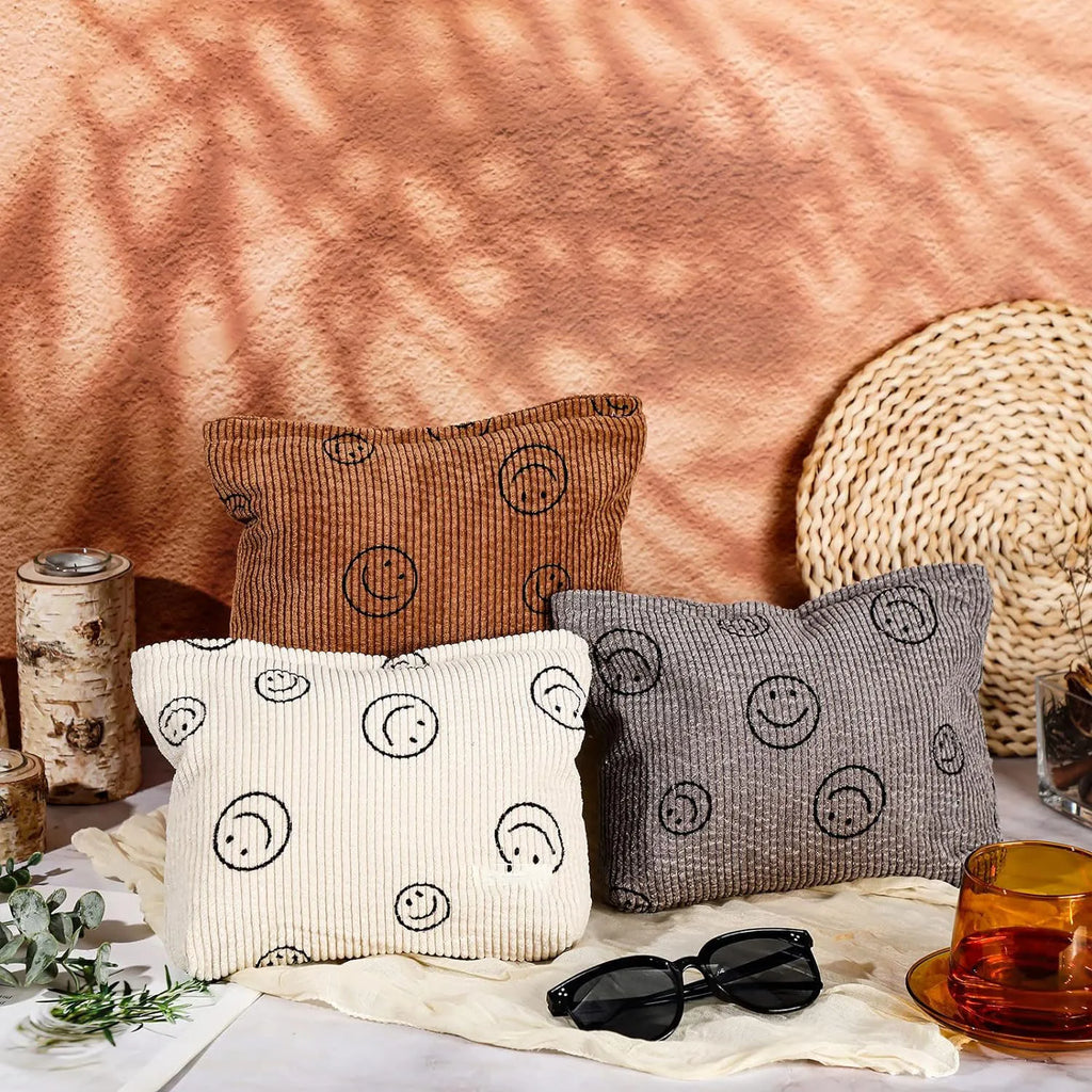 Makeup Bag For Women - Corduroy Cosmetic Bags Aesthetic Design Ladies Tote Bag, Cute Smiley Face Makeup Organizer with Zipper
