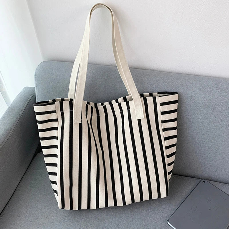 New Beach Tote Bag Fashion Women Canvas Summer Large Capacity Striped Shoulder Bag Tote Handbag Shopping Shoulder Bags ﻿