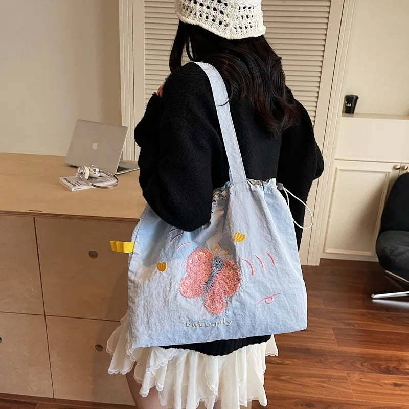 Leisure Large Capacity Single Shoulder Bag Trendy Embroidered Nylon Tote Bag School Style Sweet Handle Bag