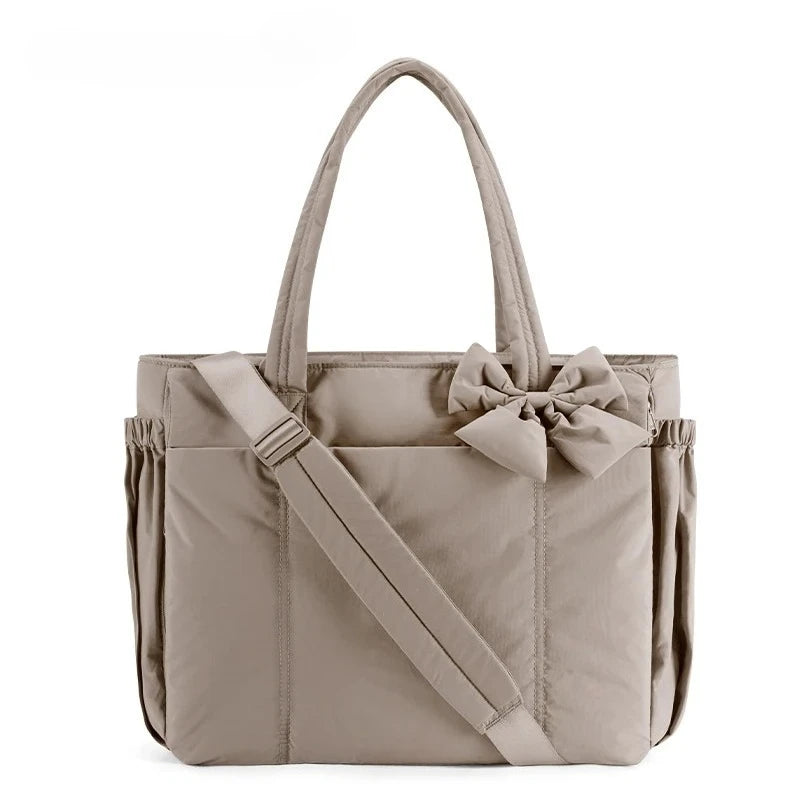 BAGSMART Padded Tote Bag With Bow Casual Quilted Padded Women Shoulder Bags Fit 15.6in Laptop Large Capacity Yoga Gym Bags
