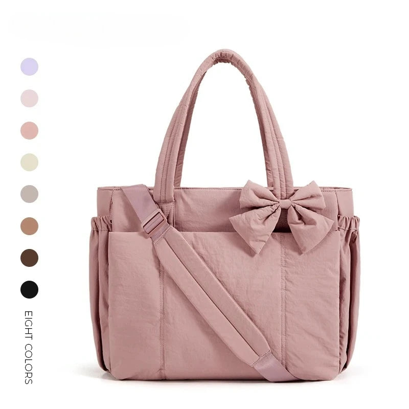 BAGSMART Padded Tote Bag With Bow Casual Quilted Padded Women Shoulder Bags Fit 15.6in Laptop Large Capacity Yoga Gym Bags
