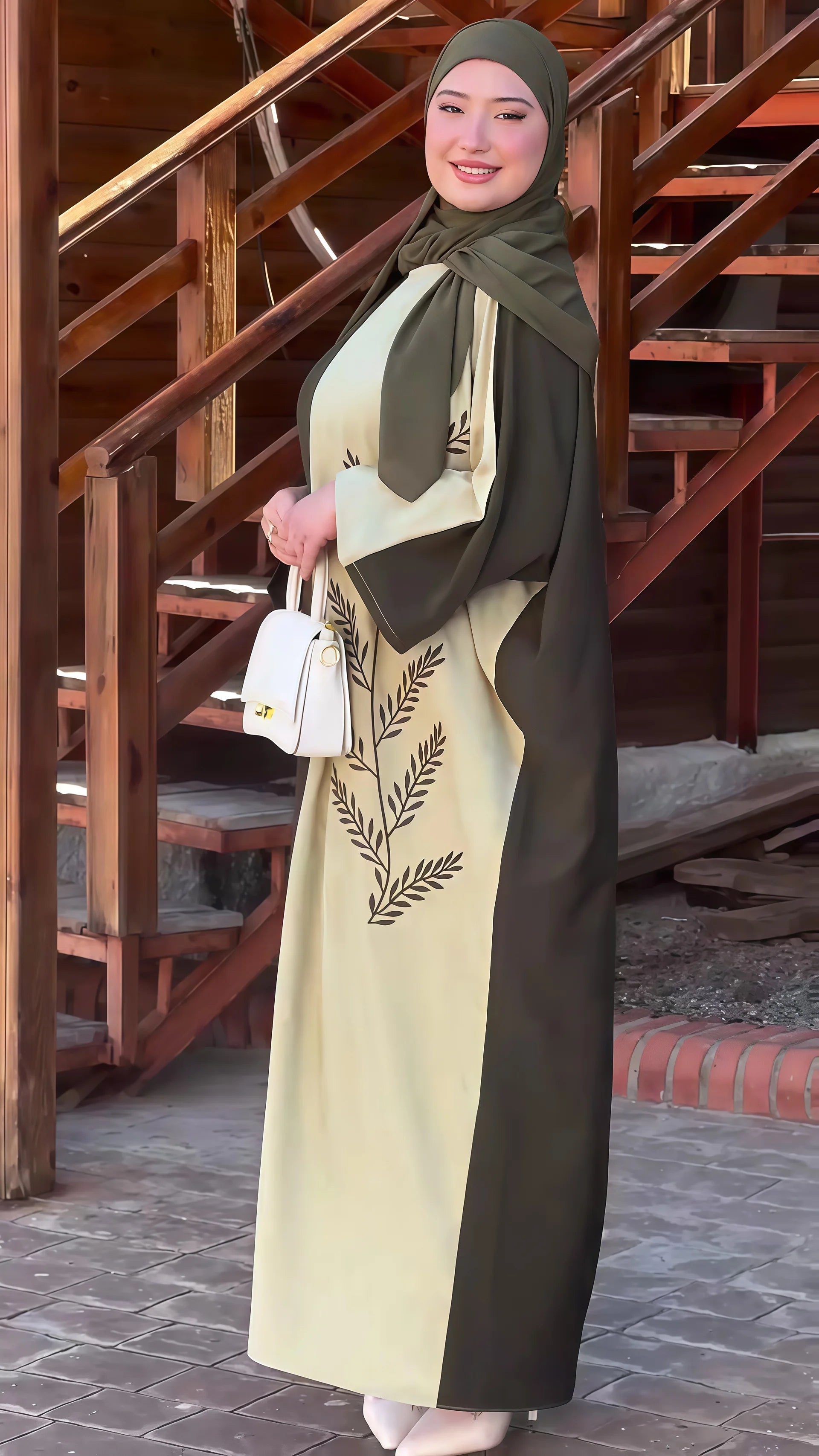 Women's Muslim Abaya Two Tone Olive and Beige with Leaf Embroidery Matching Hijab Elegant and Modest for UAE Saudi Arabia Qatar