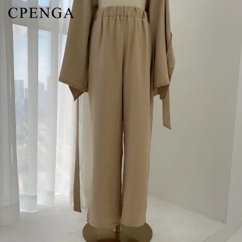 2 Piece Dubai Muslim Women Clothing Elegant Middle East Modest Top and Pants Sets 2024 Islamic Turkish Clothes Solid Outfits