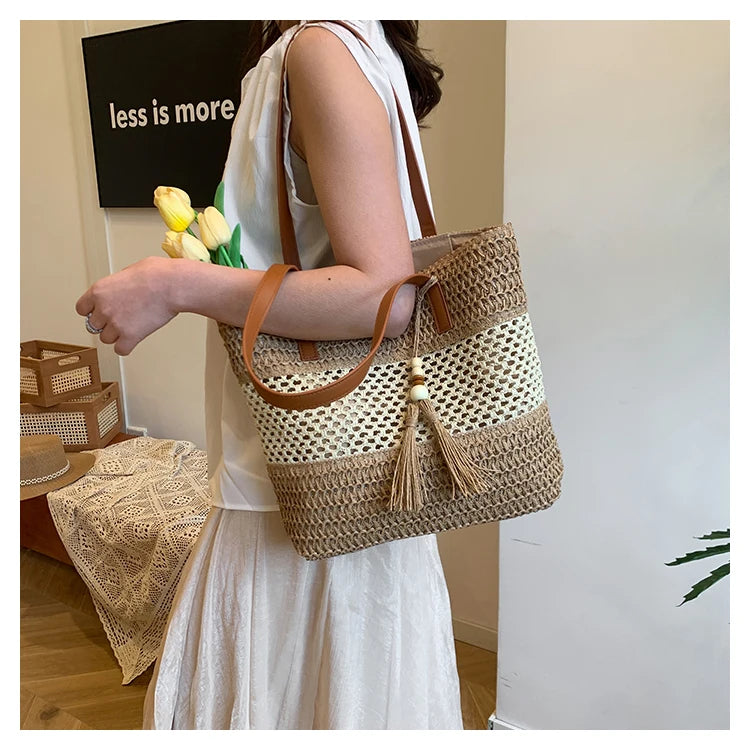 Color-blocked Linen Knitting Fashion Shoulder Bag Hollow Large Capacity Zipper Casual Tote Hot Sale Bags for Women Bolsa Mujer