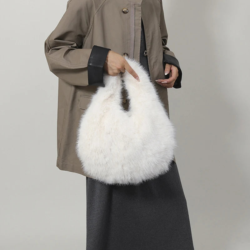 Small Hobo Handle Bags for Women Shoulder Bags Designer Furry Purse and Handbags Fashionable Cute Female Plush Bag
