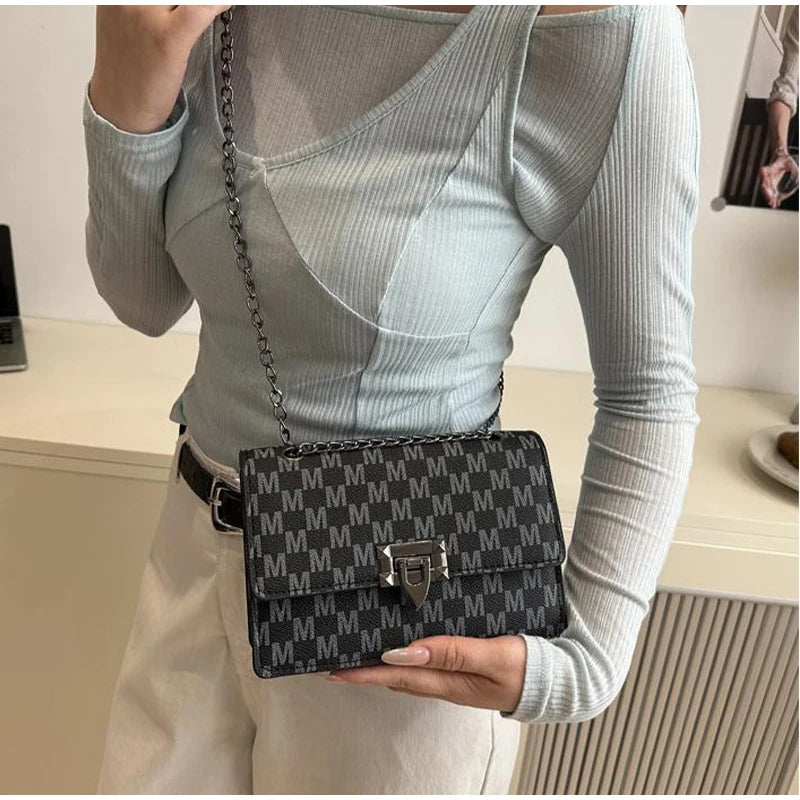 Luxury Letter Print Crossbody Shoulder Bag,Chain Buckle Compact Chic Women Sling Bag,Lady Vintage Casual Personalized Square Bag