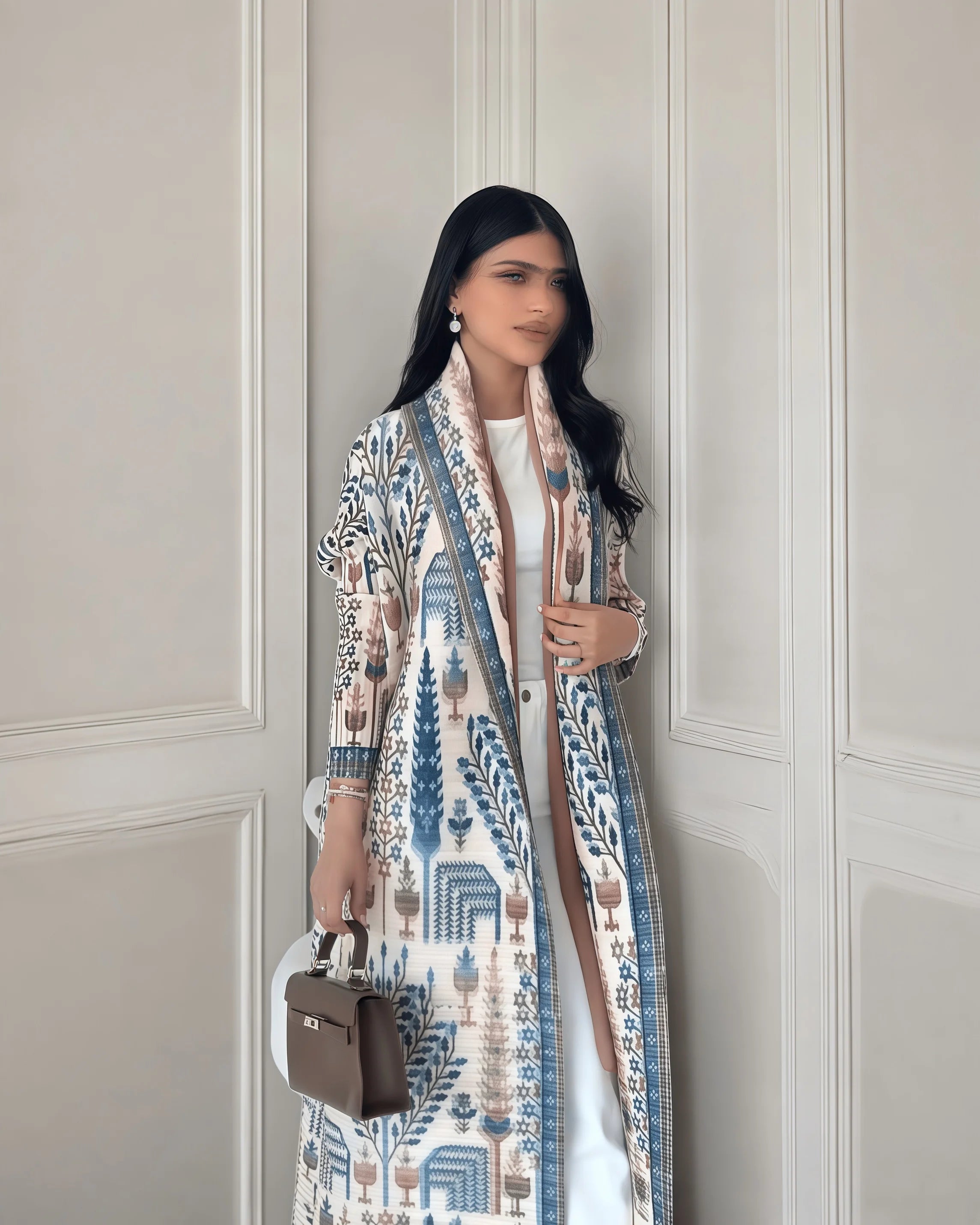 Autumn Women's Long Coat, Retro Printed Long Sleeved Muslim Abaya Saudi Fashion Wrinkled Waist Belt