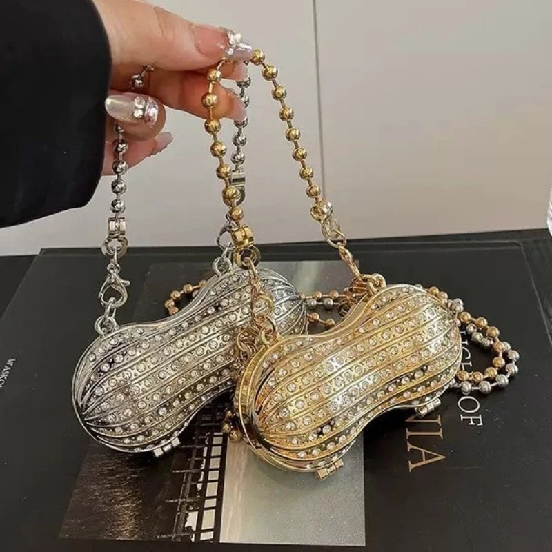Luxury Diamond Inlay Peanut Shape Crystal Clutch Purse Stones Evening Wedding Party Shoulder Bag Handle Rhinestone Mini Handbags