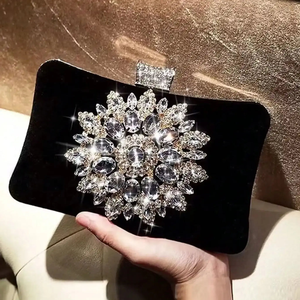 Black Color Women Evening Bags  Velvet Party Handbags Flower Rhinestones Clutch Bags New Arrival Event Banquet Flap Diamonds Pur