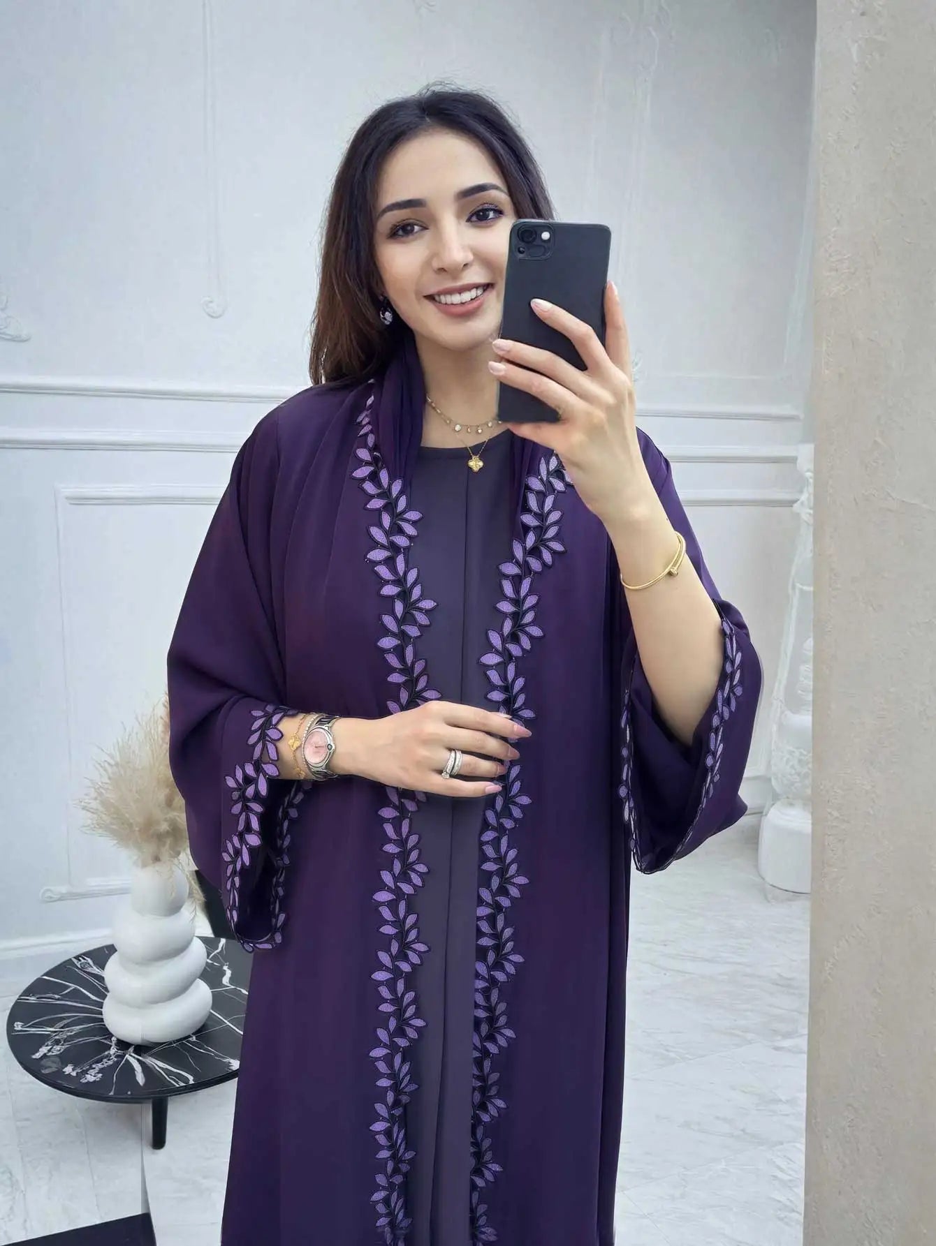 Dubai Elegant  Purple Abaya for Muslim Women - Intricately Crafted with Multicolored Embroidery Piece in Islamic Modest Fashion