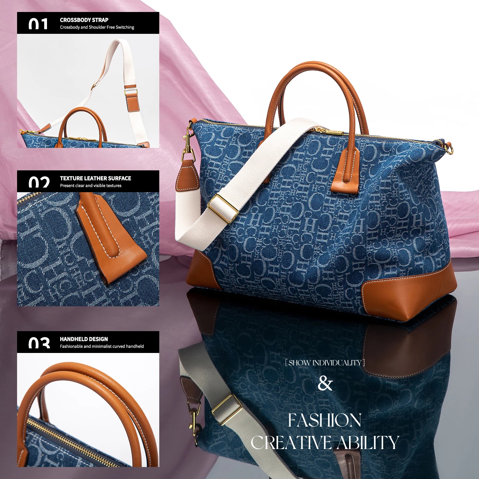 Geometric Letter Pattern Travel Totes – Sophisticated Blue Fabric  Leather Accents Metallic  for Urban Mobility Chic Versatility