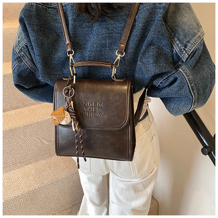 Casual Retro Large Capacity Women's Backpack Fashionable Versatile Stylish Satchel Crossbody Bag New Black City Simple Style PU