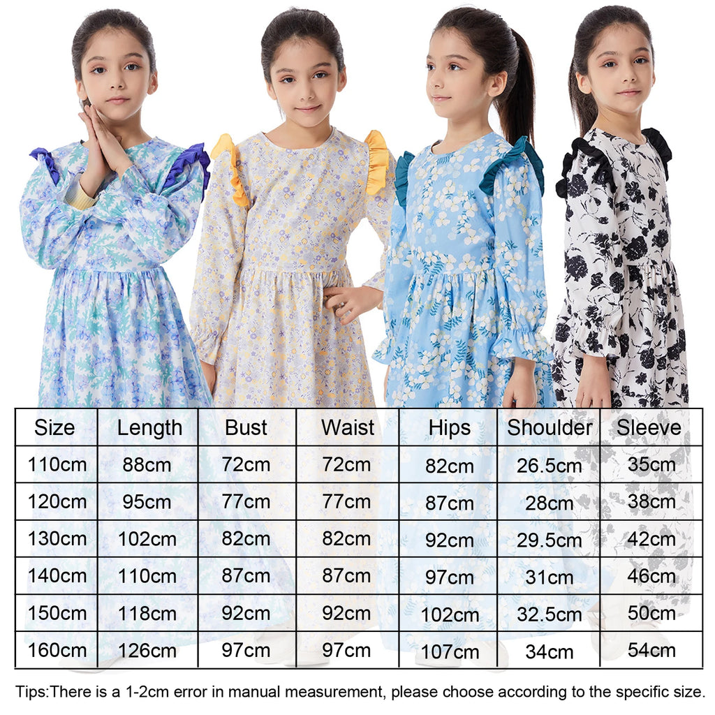 Abaya Girls Long Sleeve Dresses,Muslim Floral Dress for Kids,Conservative Outfits,Full Cover Robe Gown,Children's Beaching Dress
