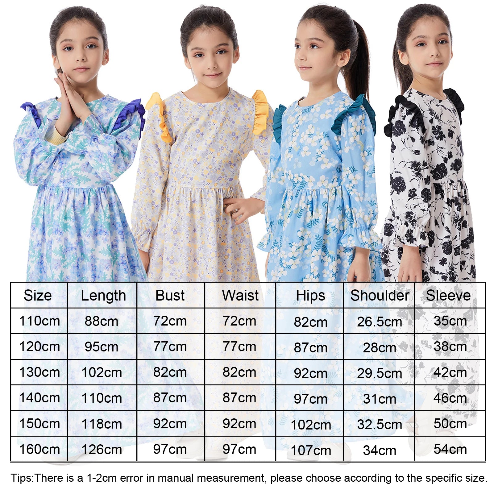 Abaya Girls Long Sleeve Dresses,Muslim Floral Dress for Kids,Conservative Outfits,Full Cover Robe Gown,Children's Beaching Dress