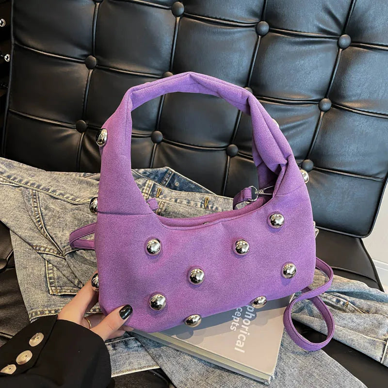 Luxury Purple Handbag For Women Luxury Studded Beading Handbags Wine Red Purse Solid Color Suede Leather Shoulder Crossbody Bags