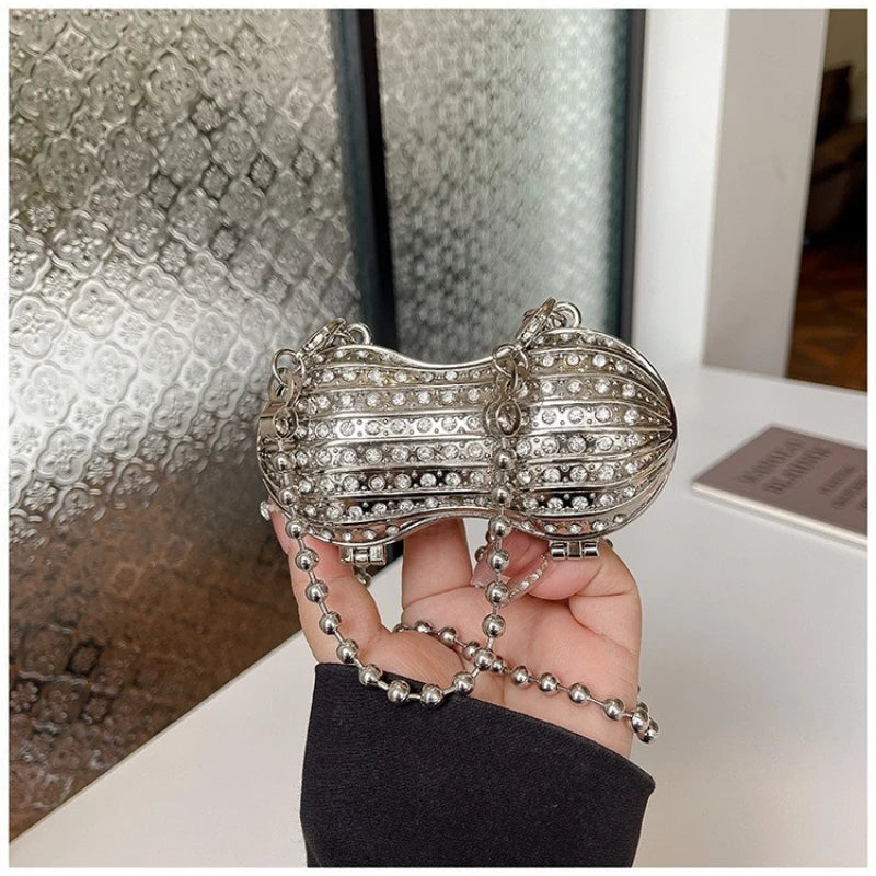 Luxury Diamond Inlay Peanut Shape Crystal Clutch Purse Stones Evening Wedding Party Shoulder Bag Handle Rhinestone Mini Handbags
