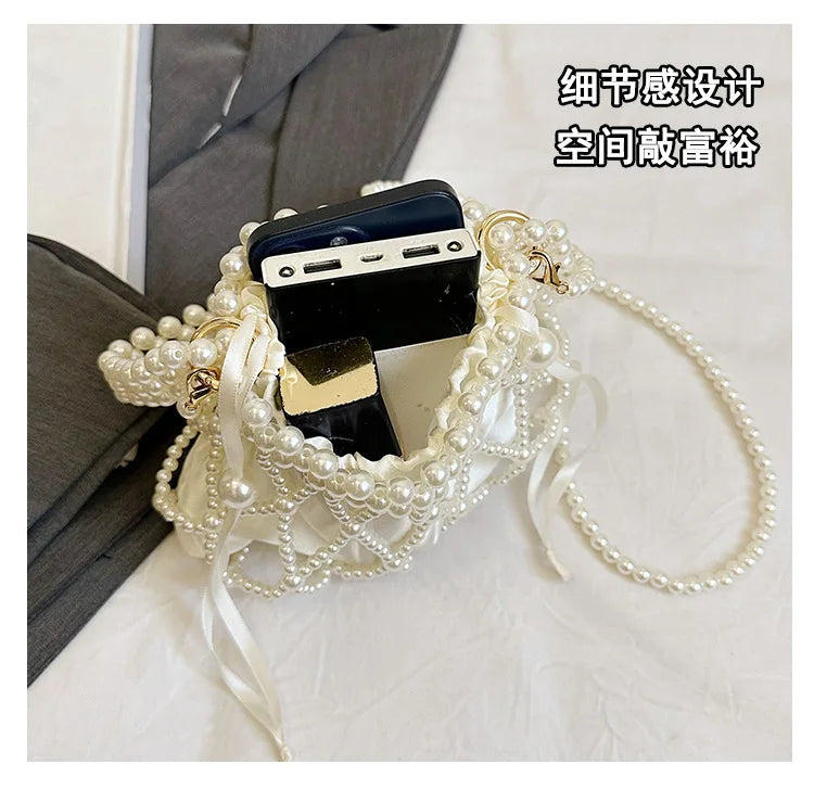 Sweet Girls Fashionable Handmade Pearl Beaded Bag French Style Hollow Out Evening Bag Elegant Single Shoulder Bag Sac A Main