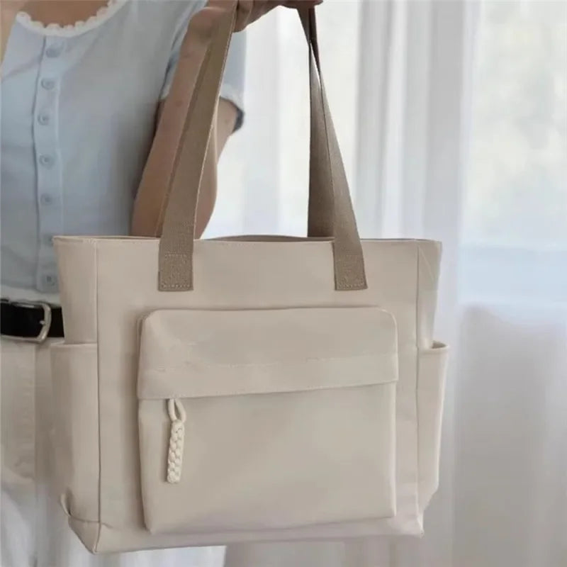 Nylon Tote Bag with Multiple Pocket Lightweight Foldable Design for Office Commute Shopping Fitness Storage Handbag Shoulder Bag