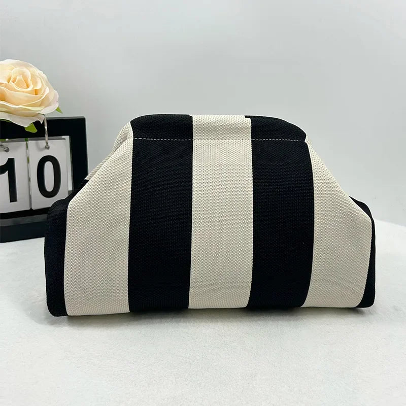 Knitted Striped Handbag Summer Beach Clutch Bags for Women Crochet Handbags Purses Knitting Dumpling Ruched Cosmetics Storage