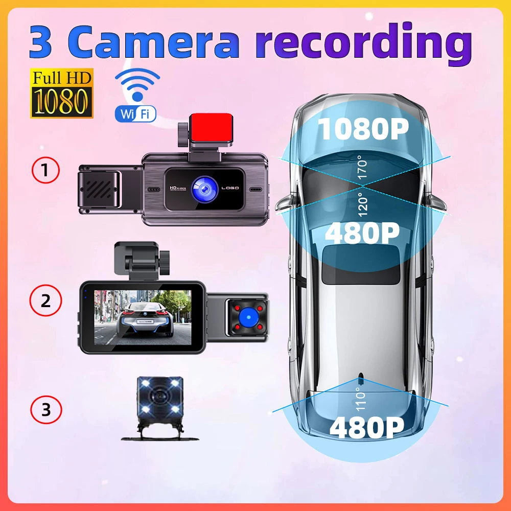 Dash Cam HD 1080P for Car DVR 3CH 360 Camera 24H Parking Monitor & GPS Night Vision Auto Video Recorder 128Gmax Vehicle DVR