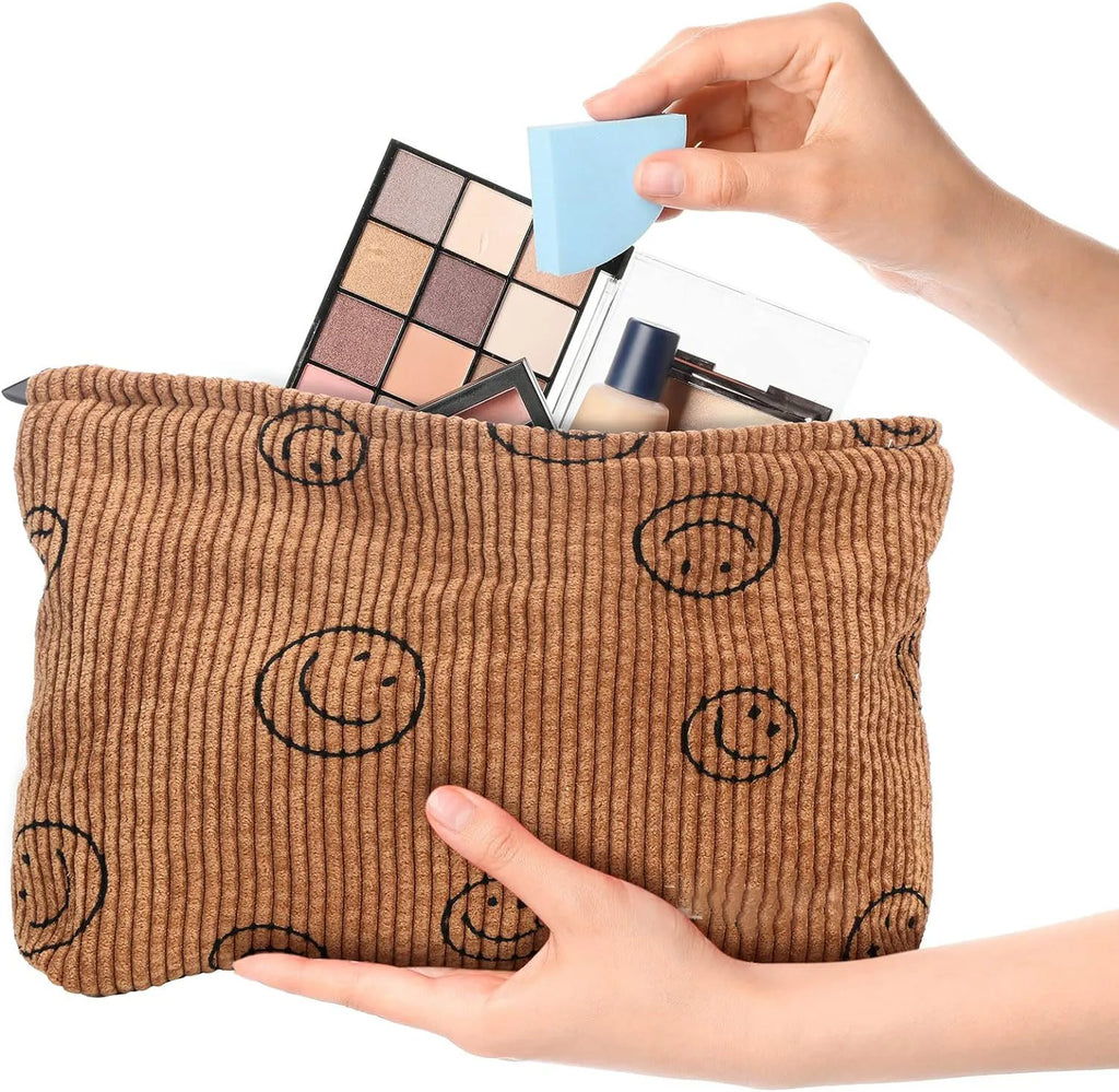 Makeup Bag For Women - Corduroy Cosmetic Bags Aesthetic Design Ladies Tote Bag, Cute Smiley Face Makeup Organizer with Zipper