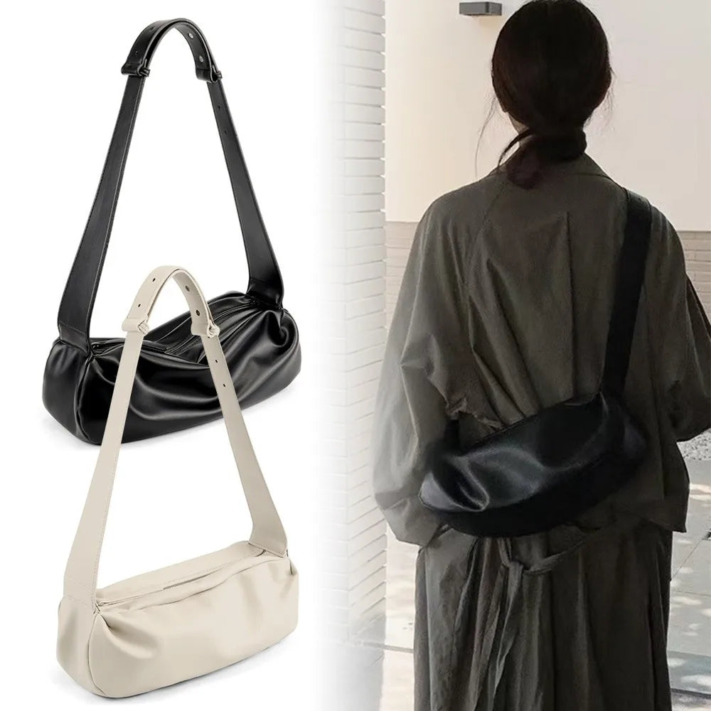 Luxury Casual Crossbody Bags Ruched Designer Wide Strap Shoulder Bag Large Capacity Pu Leather Half Moon Shape Messenger Bag