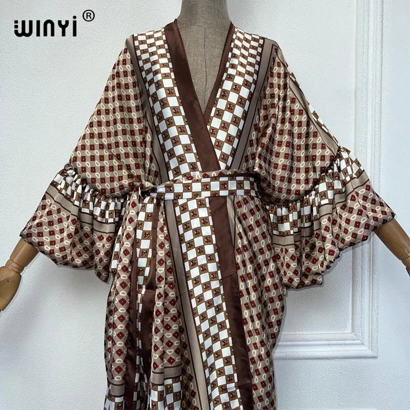 2023 dress KUWAIT WINYI new Muslim coat retro Print Self Belted Front Open Long Kimono kaftan Beach Tunic Women Wrap Dresses